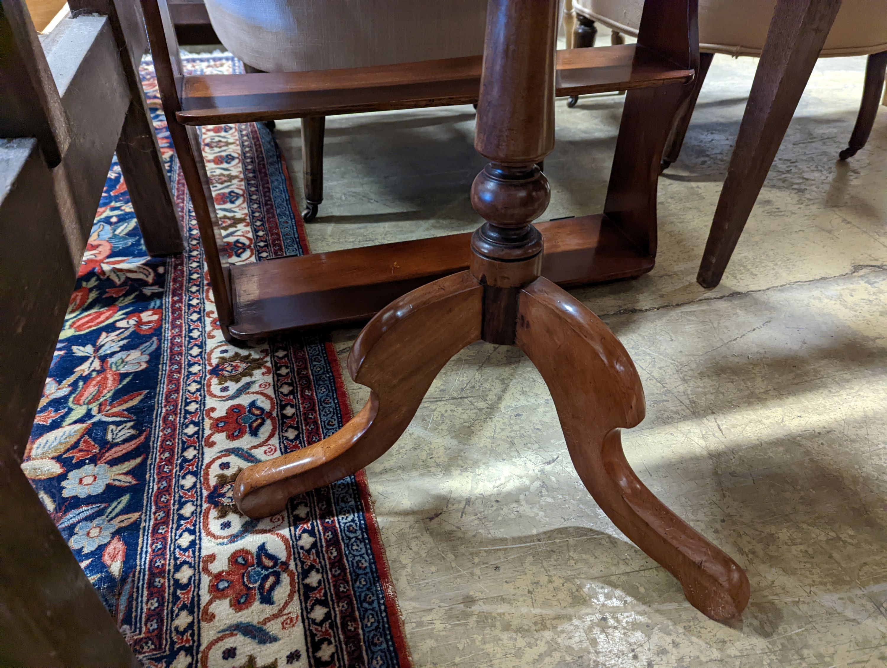 A Victorian rectangular mahogany tripod wine table, width 59cm, depth 46cm, height 70cm, together with a Victorian four tier wall bracket